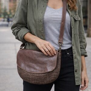 Langellotti Textured Brown Leather Crossbody Bag Snake-Reptile Pattern